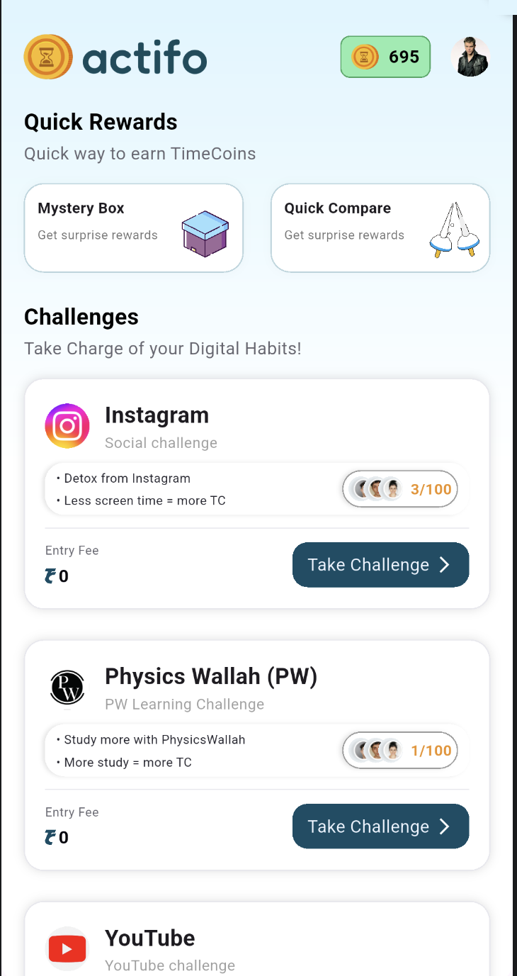 Actifo home screen showing your coin balance and Instagram, Physics Wallah and YouTube challenges you can join