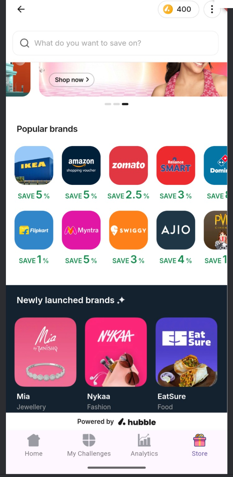 Actifo Reward Store showing dozens of partner brands including IKEA, Amazon, Zomato, Flipkart, Myntra and Swiggy, each redeemable for coin savings